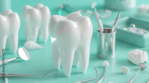 a white model of a molar tooth surrounded by various dental tools and equipment. The central focus is on the large  glossy tooth model  while smaller teeth models are scattered around it