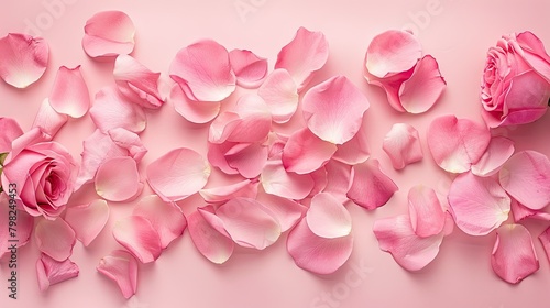 Delicate pink rose petals arranged on a soft pastel pink backdrop in a simple yet elegant style