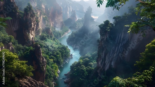 A winding river carving through a rocky canyon, framed by towering cliffs and surrounded by lush vegetation. photo