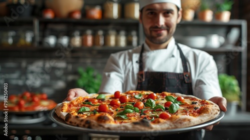 The pizzaiolo holds a freshly baked pizza like a work of art. Pizza presentation
