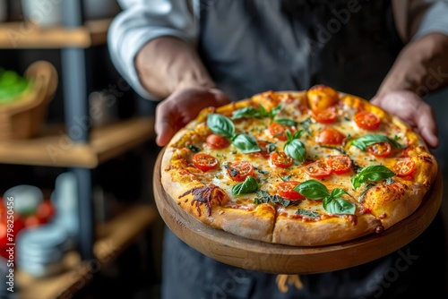 The pizzaiolo holds a freshly baked pizza like a work of art. Pizza presentation