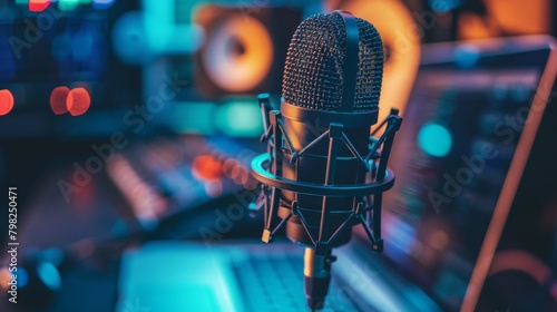 A microphone sitting on top of a laptop computer  AI