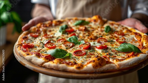 The pizzaiolo holds a freshly baked pizza like a work of art. Pizza presentation