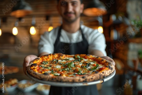 The pizzaiolo holds a freshly baked pizza like a work of art. Pizza presentation