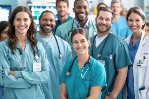 A group of doctors of various ethnicities are standing together and smiling. They are wearing scrubs and stethoscopes.