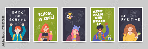 Back to School vertical banners templates. Poster art design with pupils portraits isolated. Scholl-related cute doodle drawings on chalkboards. Diversity students hand drawn flat vector illustration