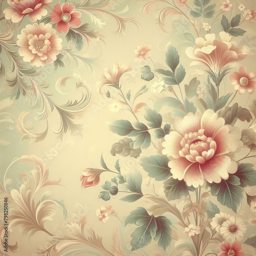 Retro floral background illustration showcasing vintage floral wallpaper design in soft pastel hues and delicate floral motifs