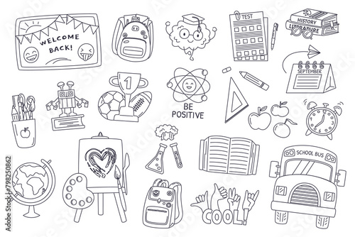Cute school related outline drawings collection. Supplies and subjects line elements set. Education and learning concept design isolated on white background. Cool doodle hand drawn vector illustration