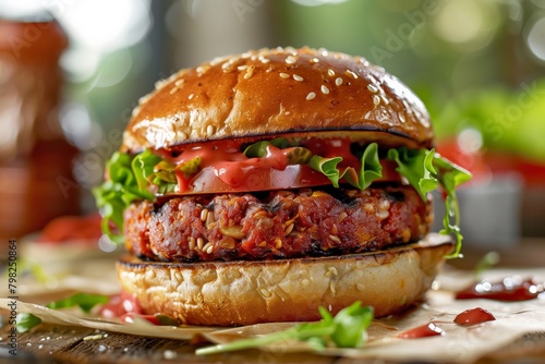 Vegan Burger with Sesame Bun on Rustic Wooden Board photo