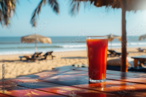 Glass of fresh juice glistens on table against beach backdrop, offering delicious refreshment in summer sunlight.