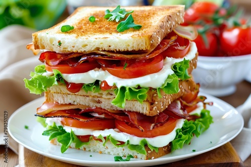 Toasted Club Sandwich with Fresh Lettuce and Tomato on a White Plate