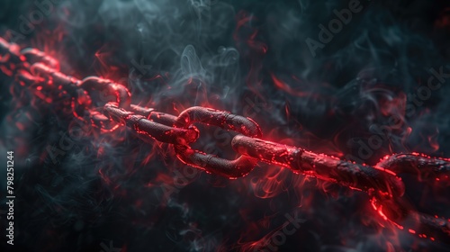 A chain with flames emits heat and smoke against a black background