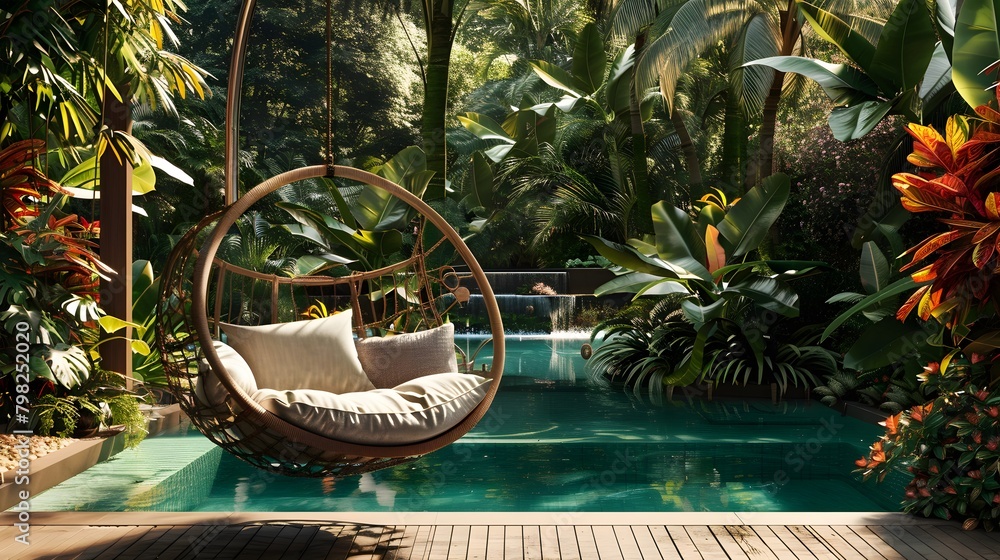 An elegant terrace arrangement boasting a luxurious swinging chair draped with plush cushions, set against a backdrop of shimmering pool waters and tropical foliage