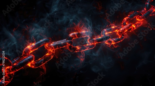 A chain with flames emits heat and smoke against a black background © Katsiaryna