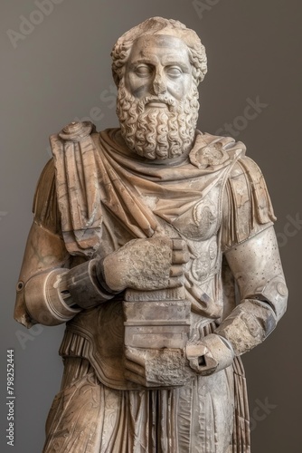 a fictional statue of a man with beard holding something in his hands, AI