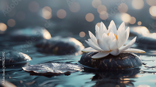 a white lotus flower resting delicately on dark, wet stones. The serene scene is set against calm water, with a gentle bokeh effect in the background photo