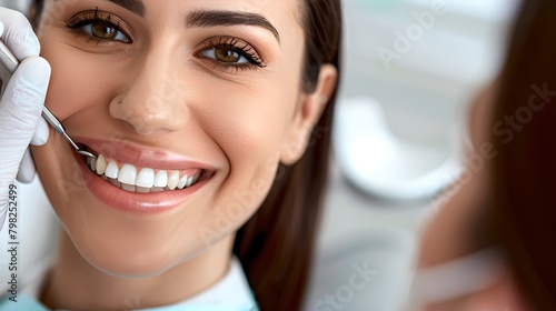 Close-up of a smiling woman receiving dental treatment. Conceptual image for oral health care, dental hygiene, and happy patient experience. Professional dentistry work in progress. AI photo