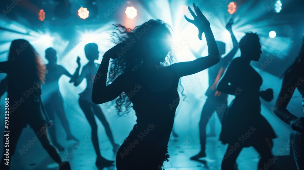 Silhouettes of people dancing in a club blurred background created with Generative AI Silhouettes of people dancing in a club blurred background created with Generative AI