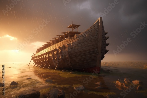 Noah's Ark against dark clouds and rain