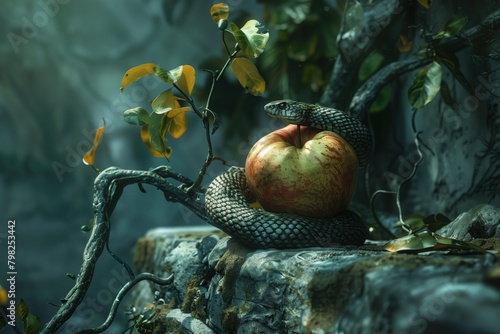 Snake protecting a forbidden apple fruit in the Garden of Eden