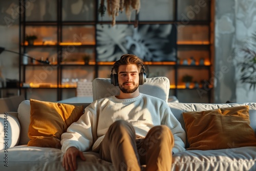Young man with headphones sitting on a sofa during the day