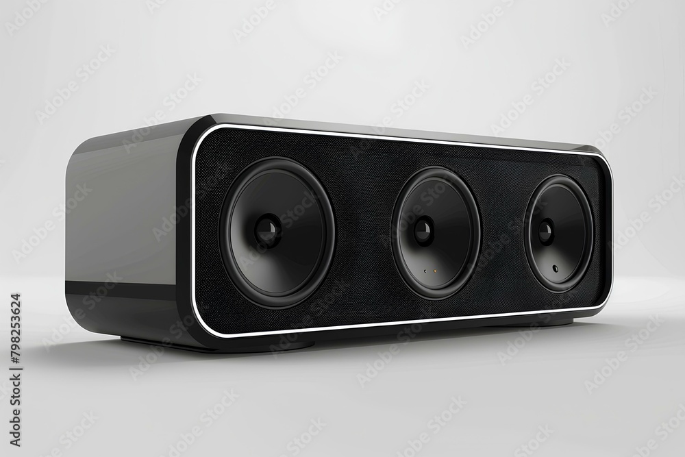 A black speaker with two speakers on top of it and a white background behind it with a white A black speaker with two speakers on top of it and a white background behind it with a white