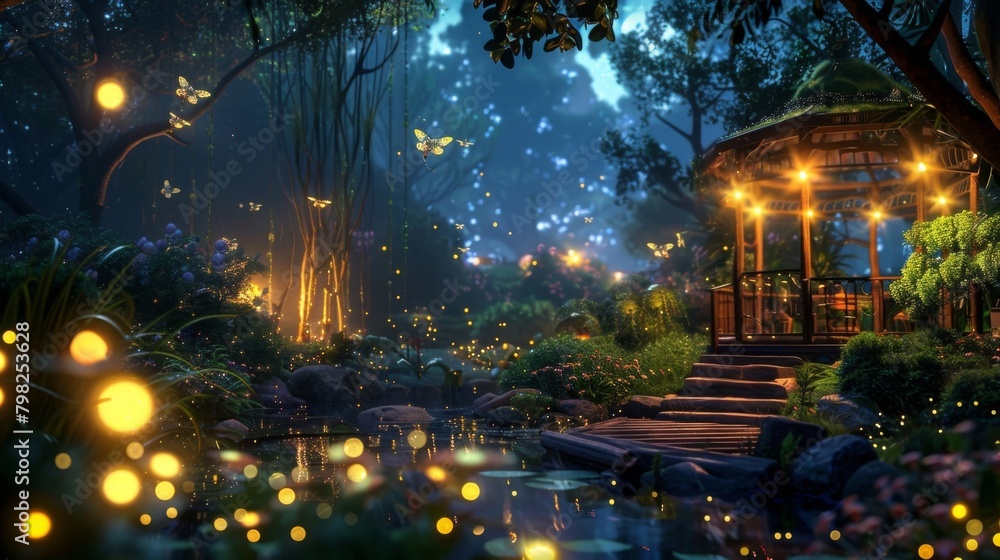 At night the garden transforms into a luminescent wonderland with fireflies flitting about in a mesmerizing dance. The soft glow of . .