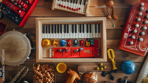 An overhead view of a toy box bursting with musical instruments and interactive toys, ready to inspire a love of music in young hearts. photo