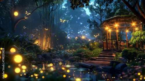 At night the garden transforms into a luminescent wonderland with fireflies flitting about in a mesmerizing dance. The soft glow of . .