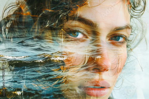 Dreamlike fusion of woman and ocean waves