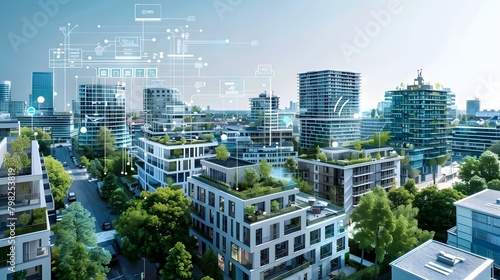 An urban skyline dotted with smart buildings equipped with AI-powered energy management systems, optimizing resource usage and reducing carbon footprint.