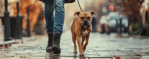 Man walking his brown dog on a rainy street photo