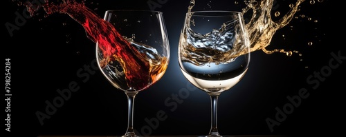 Two wine glasses clinking in toast with a splash