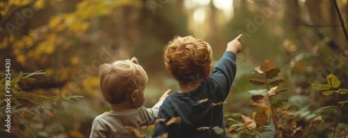 Two children exploring the autumn forest together photo