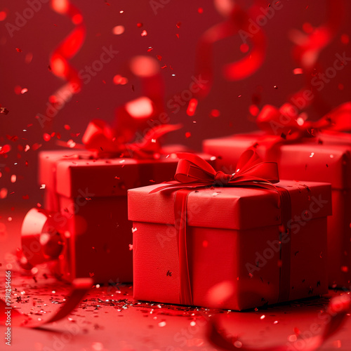 Top view flat lay of paper gift boxes, red background © 3r1k_ai
