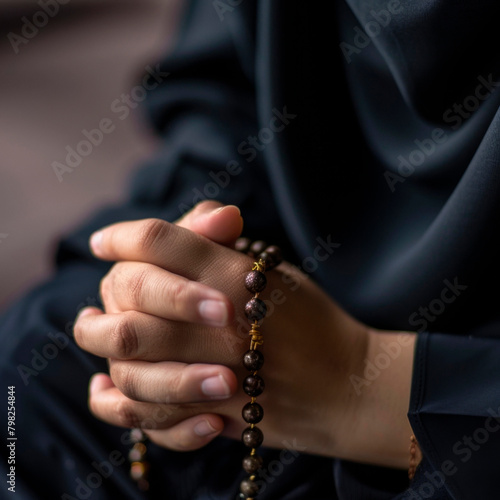 Close up view of a Muslim woman hands in abaya while holding rosary .