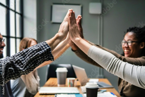 Team Celebration: Excited Colleagues High-Five in Office
