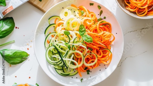 home kitchen scene featuring spiralized zucchini and carrot noodles on a bright, sunny day, with a salad bowl and a fitness magazine on the counter