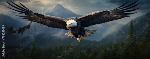 Majestic eagle flying over mountains