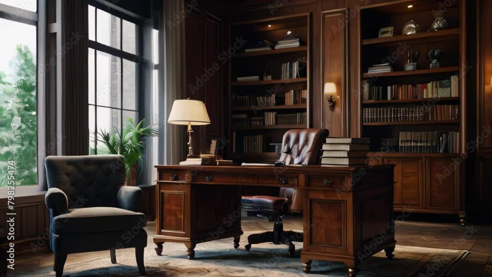 Classic office interior, wooden furniture and books Classic office interior, wooden furniture and books