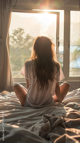 Back View of a Woman Gazing Out a Window at Sunrise