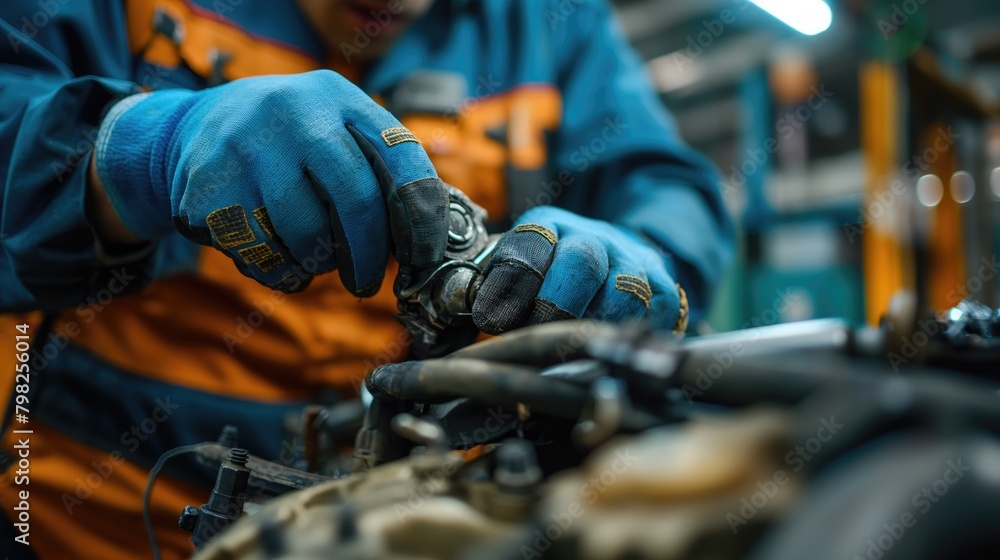 Auto mechanic working in auto repair service. Closeup of male hands in gloves repairing car engine. Auto mechanic working in auto repair service. Closeup of male hands in gloves repairing car engine.