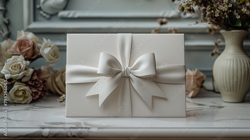 White envelope with ribbon decoration on vintage background