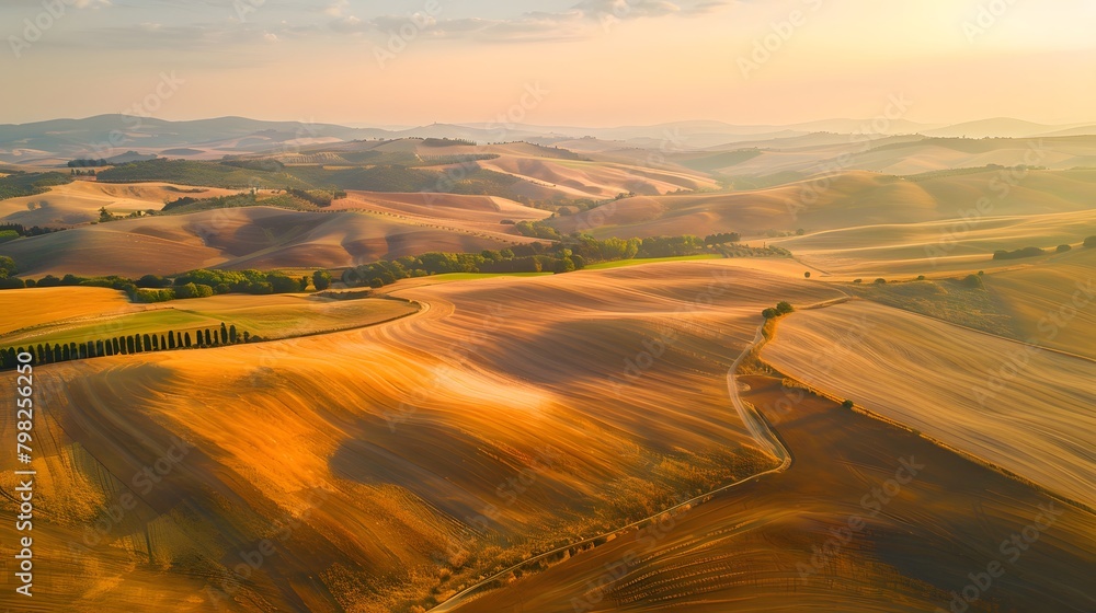 a backdrop of rolling hills and golden fields, the HD camera captures the serene beauty of a countryside landscape from above in captivating aerial photography