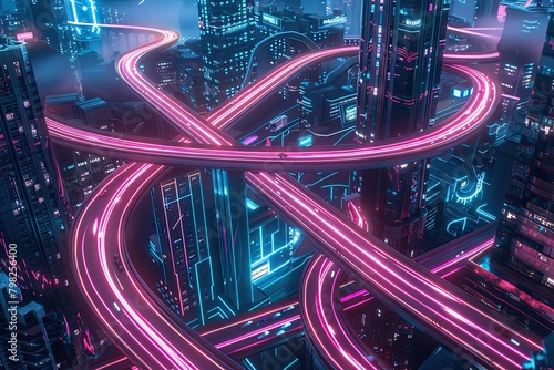 Dynamic cyberpunk cityscape featuring neon-lit highways weaving through skyscrapers