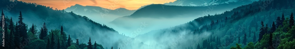 Enchanting Forest Valley at Sunrise with Mist and Layered Mountain Silhouettes in the Background