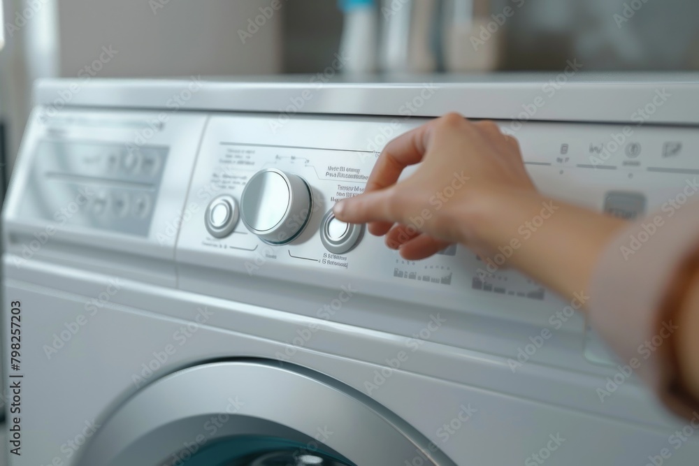 Person pushing a button on a modern washing machine. Suitable for household appliance concepts Person pushing a button on a modern washing machine. Suitable for household appliance concepts