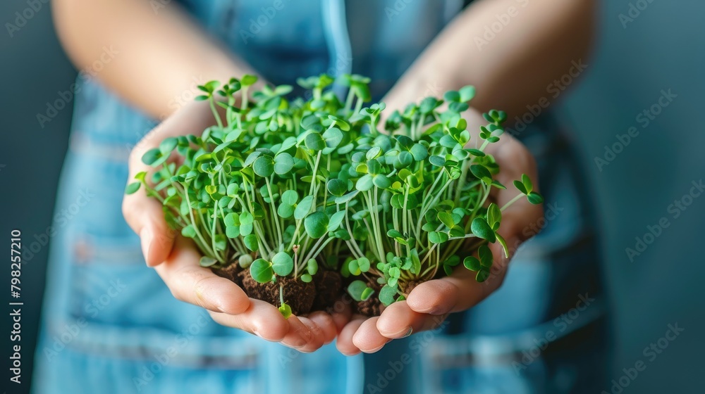 close-up of microgreens in hands. selective focus
