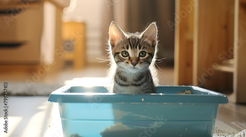 a small striped kitten perched inside a blue litter box. The kitten’s attentive eyes and perked ears suggest curiosity and alertness