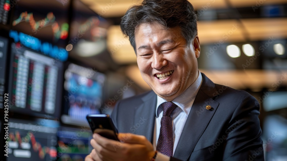 A delighted businessman with infectious laughter using a phone with financial data screens in the background